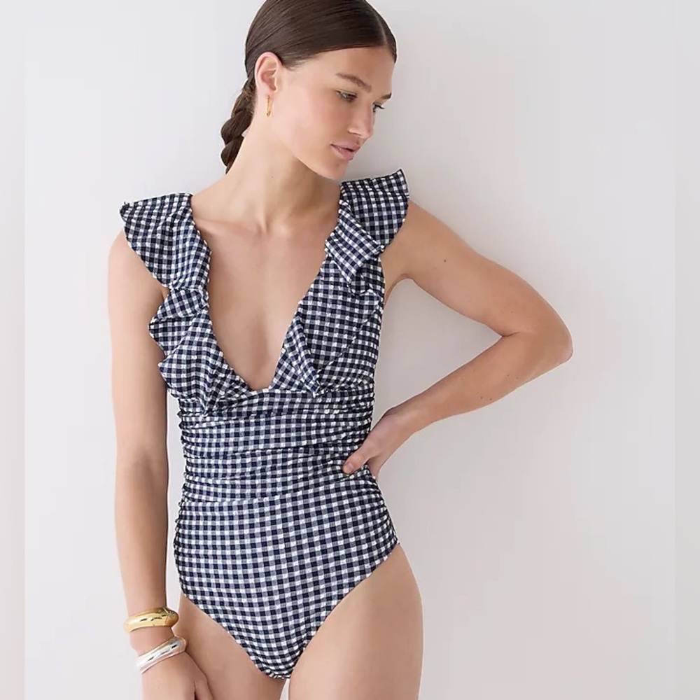 J. Crew Navy and White Gingham Ruffle One-Piece Swimsuit